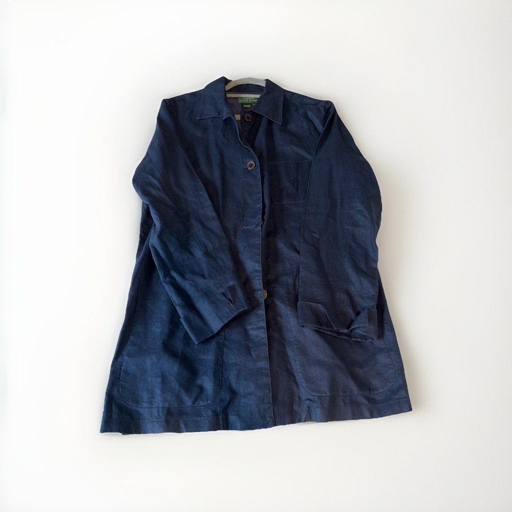 Vintage 90s Lauren Ralph Lauren Shirt Jacket M Blue Navy Linen Long Line Cuffed